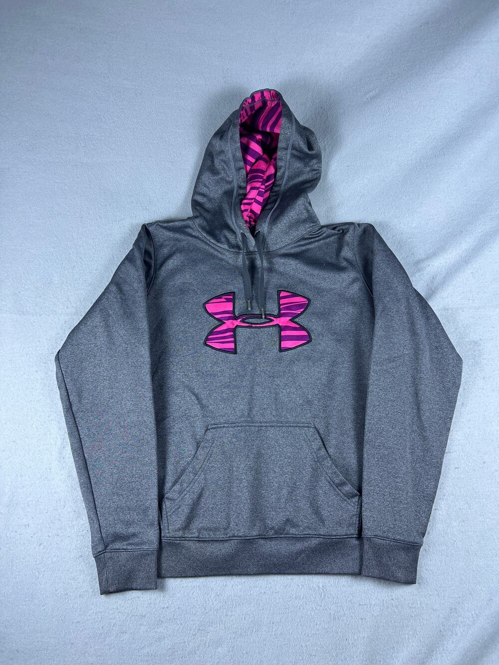 Under Armour Hoodie Womens M Gray Pink Zebra Logo Pullover Fleece Sweatshirt